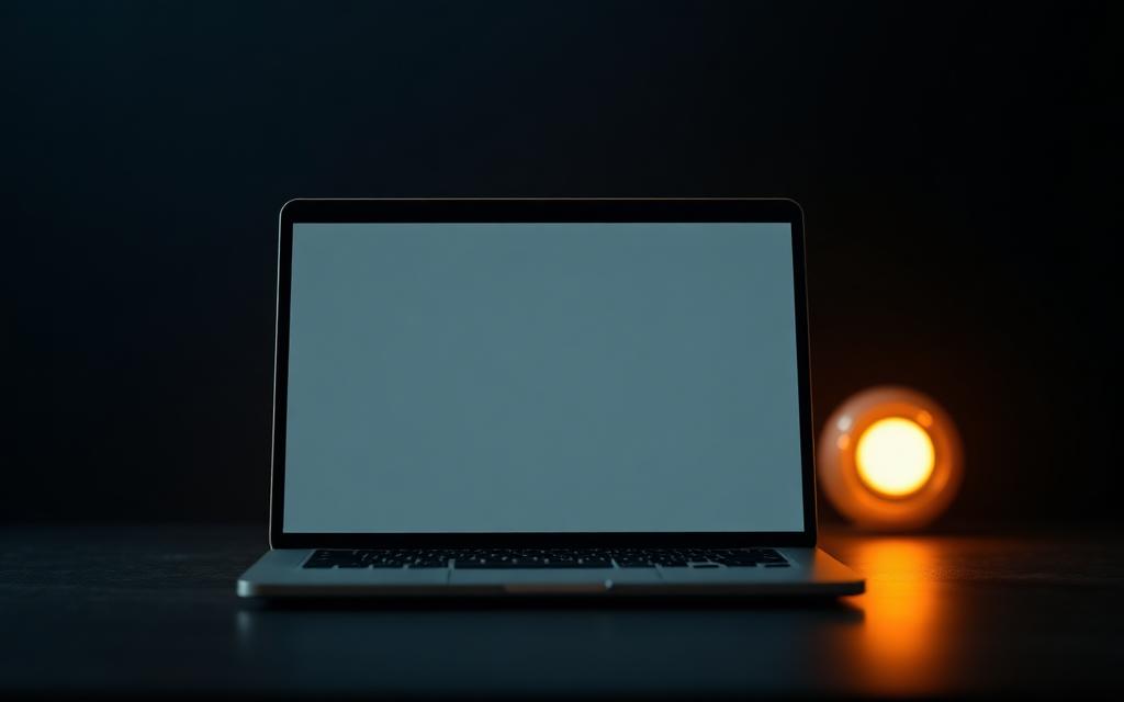 Portátil iluminado mostrando una web minimalista